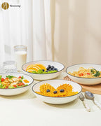 Yeacccng White Pasta Bowls Set of 6, 9.25 Inch 50 Oz Large Ceramic Soup Salad Bowls, Black Rim Minimalist Design, Lead-Free Cadmium-Free, Dishwasher Microwave Oven Safe, Scratch-Resistant
