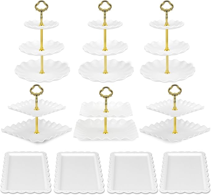 Pack of 10 NWK Cake Stand Set, with 3 x Two-Tier and 3 x Three-Tier Cupcake Stands, 4 x Appetizer Trays, 1 x Tablecloth for Birthday Bridal Baby Shower Party (Gold)