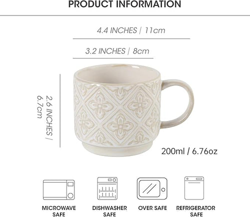 6 Oz Coffee Cups with Stand, Stackable Espresso Cups Set of 4, Ceramic Cappuccino Cup, Embossed Coffee Mugs for Latte, Cocoa, Mocha, Tea, Housewarming Wedding Present, Dishwasher Safe