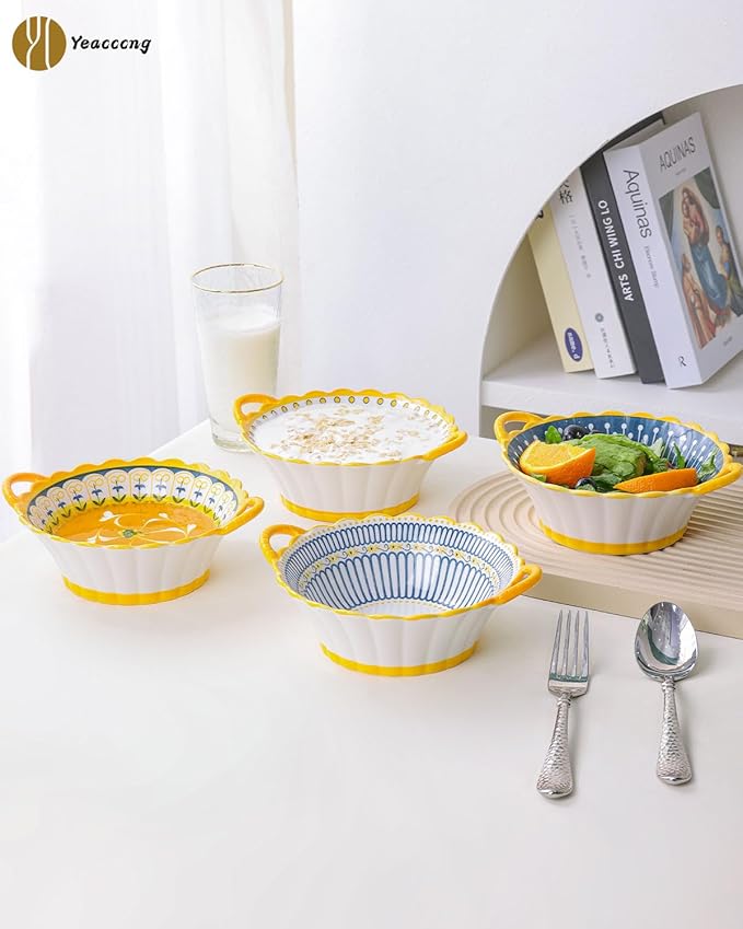 Yeacccng Bohemian Soup Bowls with Handles Set of 4, 20 Oz Indented Grooved Ceramic Bowls, 6.5 Inch French Onion Soup Bowls, Lead-Free, Scratch-Resistant, Oven/Microwave Safe