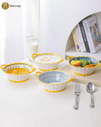 Yeacccng Bohemian Soup Bowls with Handles Set of 4, 20 Oz Indented Grooved Ceramic Bowls, 6.5 Inch French Onion Soup Bowls, Lead-Free, Scratch-Resistant, Oven/Microwave Safe