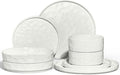 E-far 8-Piece Plates and Bowls Sets with Pasta Bowls - Stoneware Dinnerware Set for 2, Modern Ribbed Speckled White Dishes, Microwave & Dishwasher Safe
