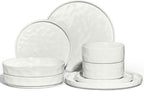 E-far 8-Piece Plates and Bowls Sets with Pasta Bowls - Stoneware Dinnerware Set for 2, Modern Ribbed Speckled White Dishes, Microwave & Dishwasher Safe