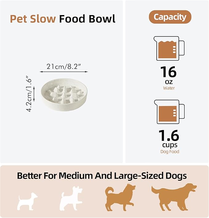 Havniva Ceramic 1.6 Cup Dog Bowl Slow Feeder for Fast Eaters, 8.2inch Slow Pet Food Dish for Medium and Large Dog, Stop Bloat, Preventing Choking(Single Bowl, Vanilla White)