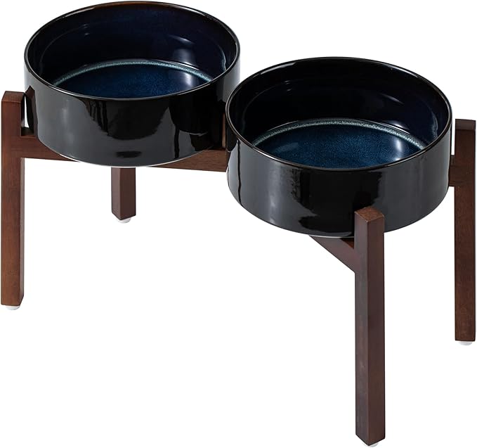 Havniva Ceramic 8.2inch Raised Double Dog Bowls Set with Acacia Wood Stand, Food & Water Bowls for Large Breed Dogs, Weighted Pet Dishes(60oz, Starry Sky)