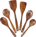 6Pcs Wooden Cooking Utensils Set with Hanging Hole Teak Utensils Set for Cooking Nonstick Wood Spoons Spatulas Comfortable Grip Colander Set for Kitchen