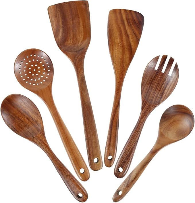 6Pcs Wooden Cooking Utensils Set with Hanging Hole Teak Utensils Set for Cooking Nonstick Wood Spoons Spatulas Comfortable Grip Colander Set for Kitchen