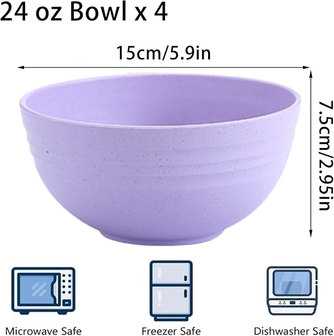 Unbreakable Wheat Straw Cereal Bowls Set of 4, 24 OZ Microwave and Dishwasher Safe Lightweight Soup and Salad Bowl Sets, Reusable Dessert Bowls for Rice, Pasta, Snack, Fruit, BPA Free (Purple)