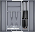 9-Piece Bamboo Kitchen Drawer Organizer Set, Expandable Silverware &Utensil Organizer with Removable Knife Block & Steak Knives, Flatware Organization, Tableware Dividers Storage(Gray)