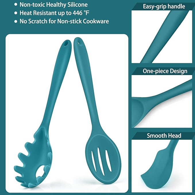 P&P CHEF Silicone Cooking Utensils Set of 7, Heat-proof Kitchen Utensils Set for Nonstick Cookware, Non-stick Spatula, Slotted Turner, Soup Ladle, Pasta Server, Spoon for Cooking Serving - Blue