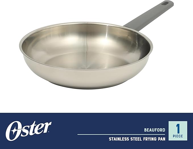 Oster Beauford 10-Inch Stainless Steel Frying Pan – Induction, Oven & Dishwasher Safe Skillet, Soft-Touch Gray Handle, 5-Ply Encapsulated Bottom