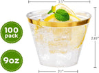 I00000 Heavy Duty Plastic Cups, 9 oz, Gold Rimmed, Clear, 100 Count, BPA Free, Disposable, for Party & Wedding