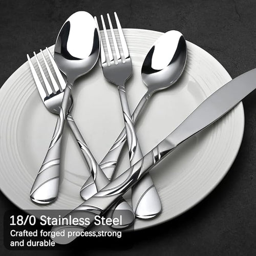 60-Piece Silverware Set for 8, 18/0 Frosted & Mirror Finish Stainless Steel Vintage Flatware Set, Modern Cutlery Set for Home Wedding Restaurant Housewarming Party Event Serving For 12