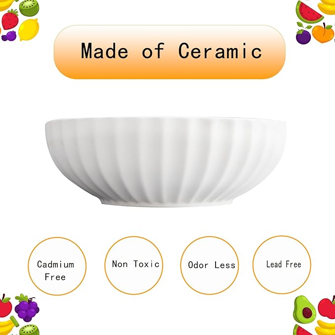 Large Ceramic Fruit Bowl for Kitchen Counter, 10-Inch White Fruit and Vegetable Bowl, Decorative Serving Bowl for Home