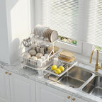 GSlife Large 2 Tier Dish Drying Rack, Expandable Heavy-Duty Dish Rack for Kitchen Counter, Rust-Resistant Dish Drainer with Utensil & Cup Holder, Auto-Drain, 16.9" W x 14.4"-22.4" L, White
