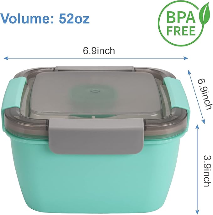 Freshmage 52-oz Lunch Container To Go - Salad Bowl With 3 Compartments and Dressing Container for Toppings, Snacks - for Men, Women (Green)