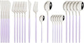 JASHII Flatware Set 24 Piece, Stainless Steel Silverware Set, Macaron Small Fresh Color Cutlery Set, Modern Elegant Tableware Set for Party, Christmas, Dinner (Purple Silver)