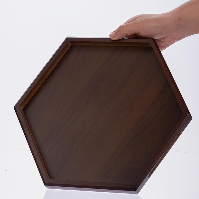 Hexagon Serving Trays & Platters, 11.8" Charcuterie Platter, Cafeteria Trays, Hexagon Wooden Ottoman Tray, Food Serving Boards Table Plates for Family Dinner Eating Parties