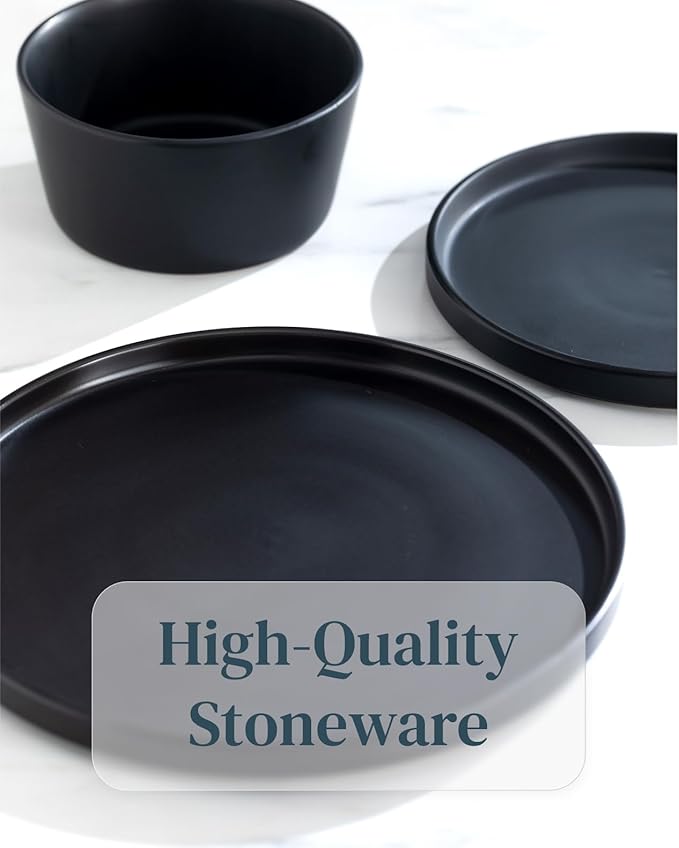 24 Piece Black Dinnerware Set for 8 | Matte Black Plates and Bowls Sets, Modern Stoneware Black Dishes Set | Scratch Resistant, Dishwasher & Microwave Safe | Matte Black Finish Ultra-Chic & Modern