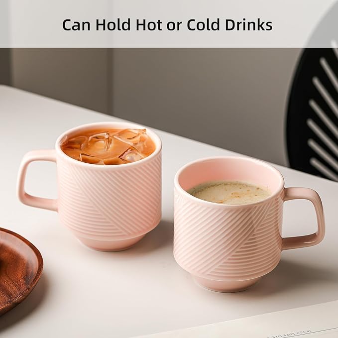 Stackable Coffee Mugs Set: 13 oz Ceramic Stacking Cups for Cappuccino Latte Tea - Microwave Safe Mug for Home & Office - 4 PCS, Pink