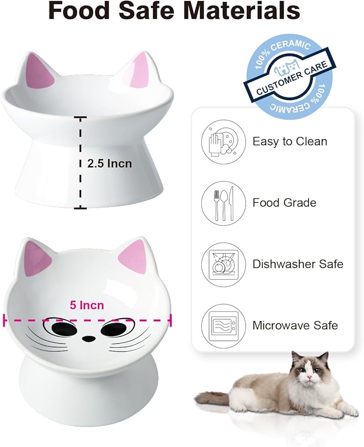 ABRUTY Cat Food Bowl, 5 OZ Ceramic Elevated Kitten Water Bowl, 15° Tilted Raised Pet Feeder, Anti Vomiting and Whisker Friendly Dishes for Fat Faced, Cat, Kitten, Small Dog