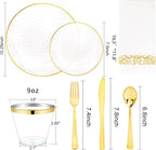 DaYammi 350PCS Clear Gold Plastic Dinnerware Set for 50 Guests, Hammered Disposable Plates for Party, Include: 50 Dinner Plates, 50 Dessert Plates, 150 Gold Silverware, 50 Napkins, 50 Cups