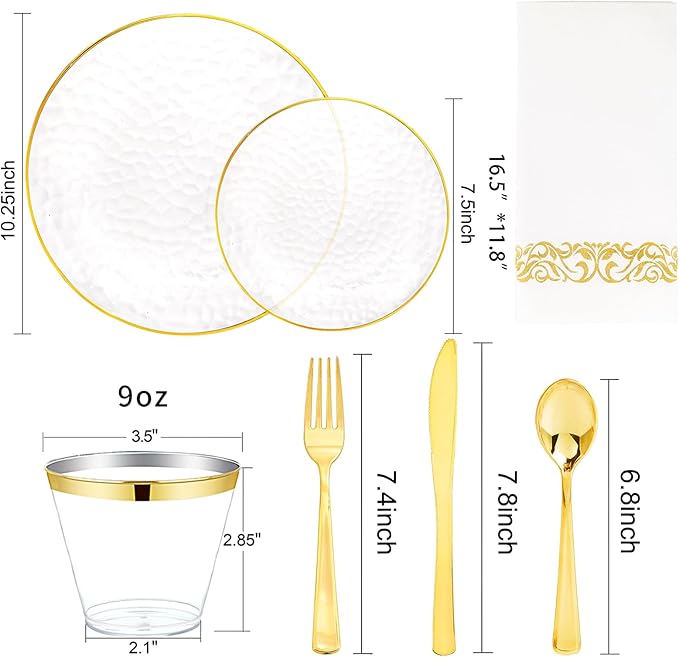 DaYammi 175PCS Clear Gold Plastic Dinnerware Set, Plastic Plates Disposable Hammered Disposable Plates for Party, Include: 25 Dinner Plates 25 Dessert Plates 75 Gold Silverware 25 Napkins 25 Cups