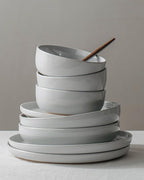 Famiware Milkyway Stoneware Dinnerware Sets with Pasta Bowls, Service for 6 (24 Pieces), Plates and Bowls Sets -Scratch Resistant, Microwave and Dishwasher Safe Dishes Set, Light Gray
