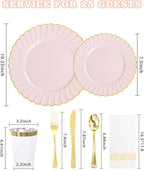 YOUBET 175PCS Pink Scalloped Plastic Plates - Gold Disposable Dinnerware Set Include 50 Plates, 75 Gold Silverware, 25 Cups, 25 Napkins for Party & Wedding & Baby Shower Mothers Day