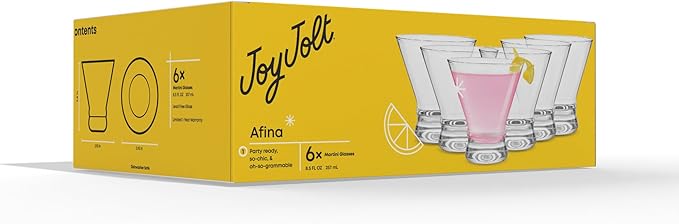 JoyJolt Afina Stemless Martini Glasses Set of 6, 8.5oz Liquor Drinking Glasses for Cocktail and Margarita, Bar Glass Cups, Glass Dessert Cups