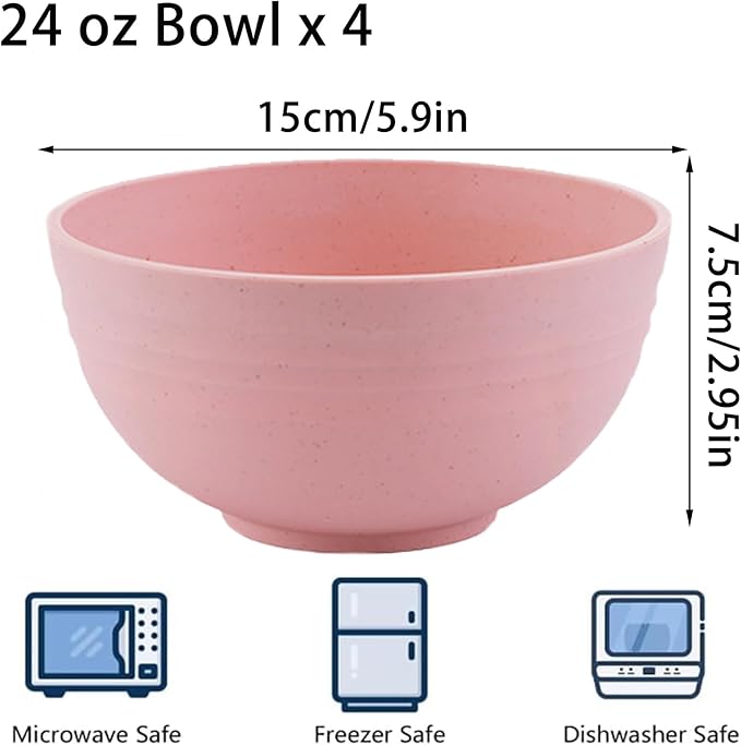 Unbreakable Wheat Straw Cereal Bowls Set of 4, 24 OZ Microwave and Dishwasher Safe Lightweight Soup and Salad Bowl Sets, Reusable Dessert Bowls for Rice, Pasta, Snack, Fruit, BPA Free (Pink)