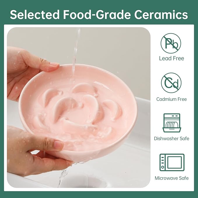 Cat Slow Feeder Bowl Set - 2-Pack Ceramic Cat Dishes for Slow Eating - Whisker-Friendly Cute Maze Bowls for Dry & Wet Food - Microwave & Dishwasher Safe - White and Pink