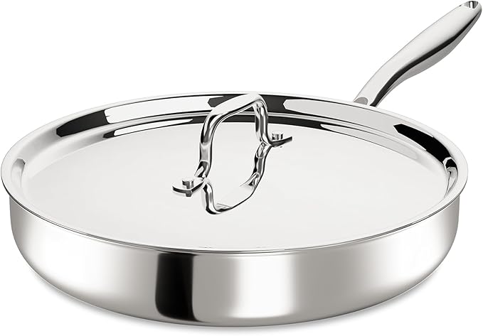 12 Inch Tri-Ply Stainless Steel Frying Pan, Frying Pan with Lid, PFOA/PTFE Free Skillet, Induction Cooking Pans, Dishwasher & Oven Broiler Safe 600F, Professional Cookware, Heavy Duty & Even Heat