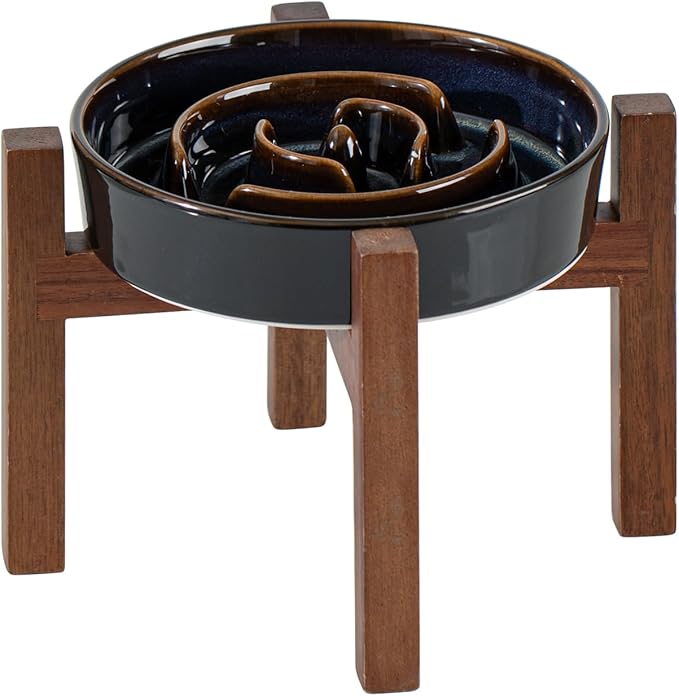 Havniva Ceramic 1.2 Cup Raised Slow Feeder Dog Bowl Set, Elevated Acacia Wood Stand for Medium and Small Dog, 7.3inch Slow Dish, Stop Bloat(Single Bowl+ Stand, Starry Sky)