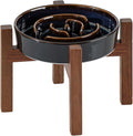 Havniva Ceramic 1.2 Cup Raised Slow Feeder Dog Bowl Set, Elevated Acacia Wood Stand for Medium and Small Dog, 7.3inch Slow Dish, Stop Bloat(Single Bowl+ Stand, Starry Sky)