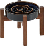 Havniva Ceramic 1.2 Cup Raised Slow Feeder Dog Bowl Set, Elevated Acacia Wood Stand for Medium and Small Dog, 7.3inch Slow Dish, Stop Bloat(Single Bowl+ Stand, Starry Sky)