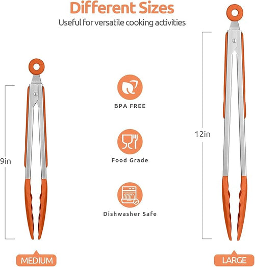 600ºF Heat Resistant Kitchen Tongs: U-Taste 9+12 inch Silicone Cooking Tong Set with Firm Sealed Non Stick Rubber Tips and Silicon Coated 18/8 Stainless Steel Handle for Serving Grilling Salad(Orange)