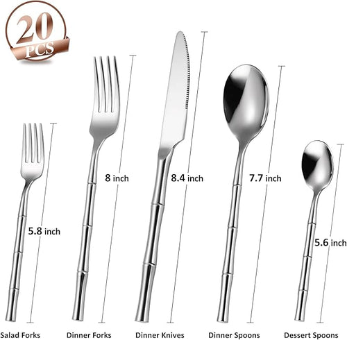 20 Pieces Bamboo Flatware Set Silverware Set Service for 4 Stainless Steel Fine Vintage Flatware Cutlery Set with Bamboo Design Handle Forged Restaurant Hotel Party Wedding Housewarming Gift Polished