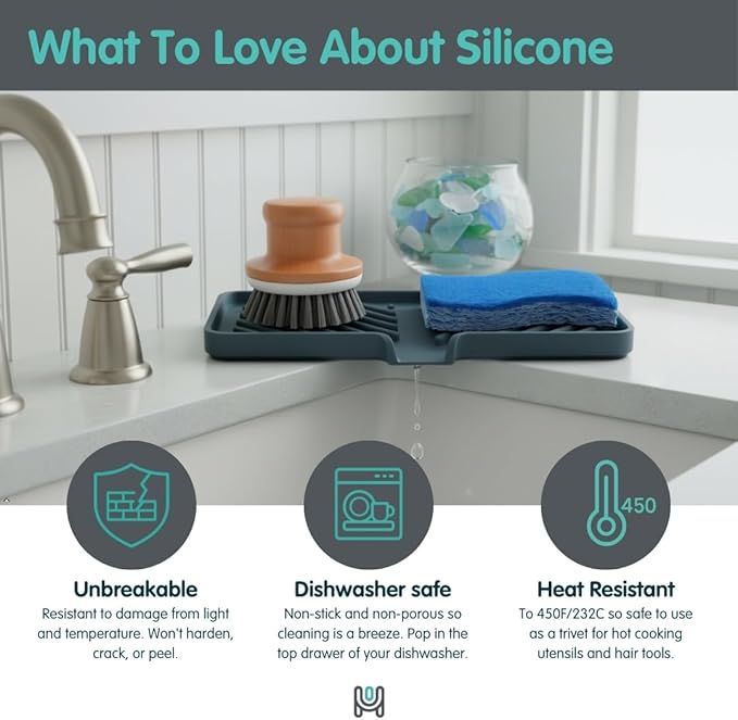 Happitasa Silicone Soap Dish Tray and Sponge Holder with Drain Chute and Feet | 3-Way Sloped Design | Bathroom and Kitchen Sink Organizer Caddy (Light Grey, 5"x4", 3.5 Ounces)