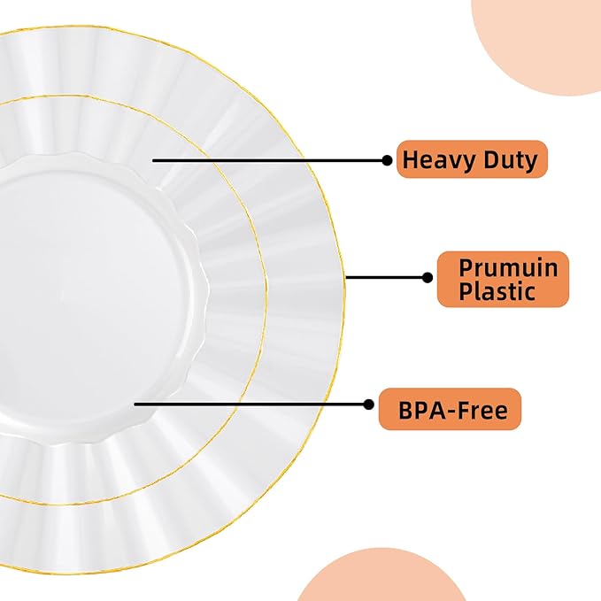 175PCS Gold and White Plastic Dinnerware Set, Plastic Party Plates for 25 Guests, 50 Disposable Plates, 25 Heavy Duty Silverware, 25 Cups, 25 Napkins for Party and Wedding