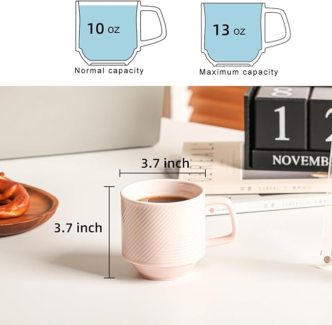 Stackable Coffee Mugs Set: 13 oz Ceramic Stacking Cups for Cappuccino Latte Tea - Microwave Safe Mug for Home & Office - 4 PCS, Pink