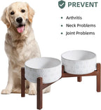 Havniva 7.3inch Ceramic Raised Double Bowls Set with Acacia Wood Stand, Food & Water Bowls for Medium Breed Dogs, Weighted Dog Dishes, Pet Bowl(41OZ, Arctic White)