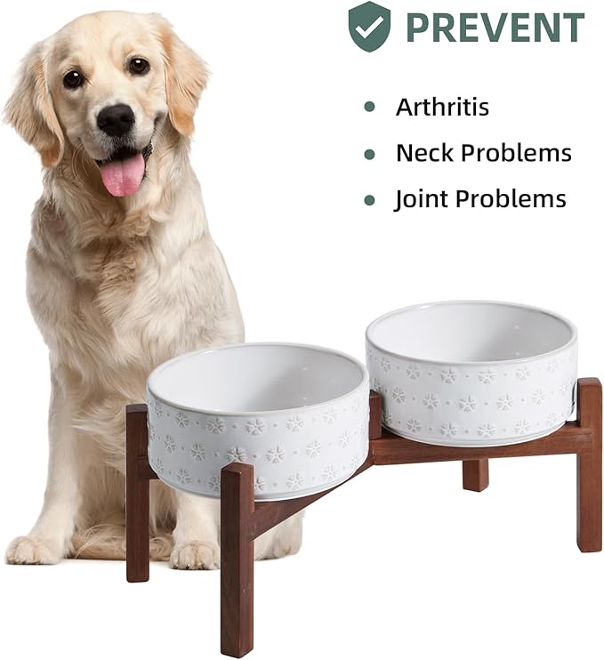 Havniva 7.3inch Ceramic Raised Double Bowls Set with Acacia Wood Stand, Food & Water Bowls for Medium Breed Dogs, Weighted Dog Dishes, Pet Bowl(41OZ, Arctic White)
