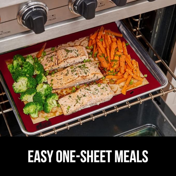 GORILLA GRIP Food Grade Reusable Nonstick Silicone Baking Mat, 16.5x11.87, Half Sheet 2PK, Oven Safe Cookie Sheet Liners, Up to 500 Degrees, No Mess Easy Clean Pastry Mats, Kitchen Essentials, Red
