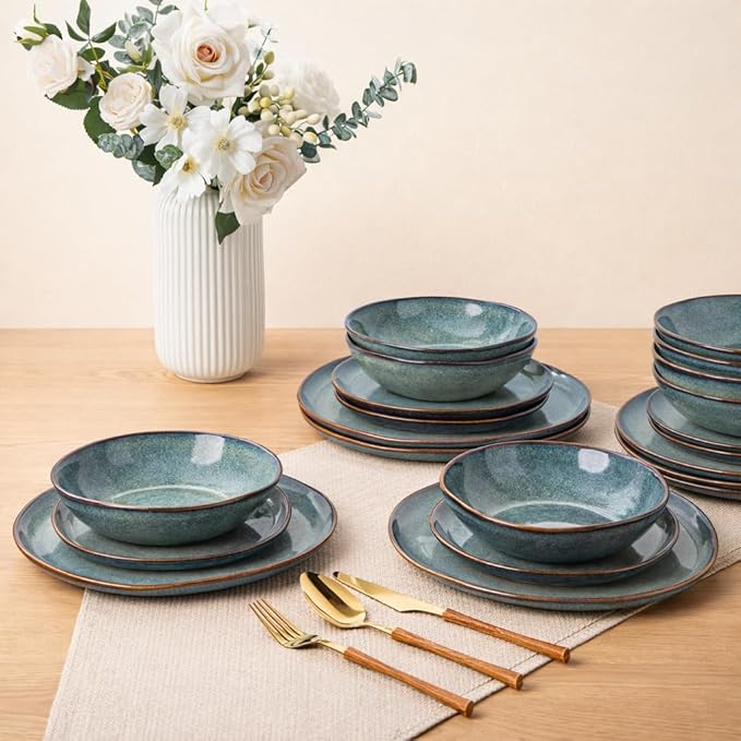 AmorArc Ceramic Dinnerware Sets,Handmade Reactive Glaze Stoneware Plates and Bowls Sets,Highly Scratch Resistant | Dishwasher & Microwave Safe Dishes Set,Service for 6 (18pc)