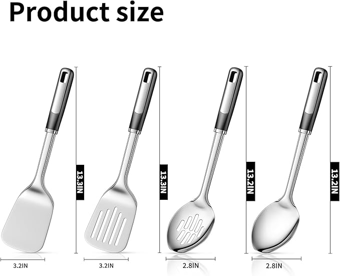 Stainless Steel Cooking Spoon Set, Heavy-Duty Thickened Cooking Utensils – Solid & Slotted Turner, Solid & Slotted Spoon, Metal Spatula Set for Kitchen