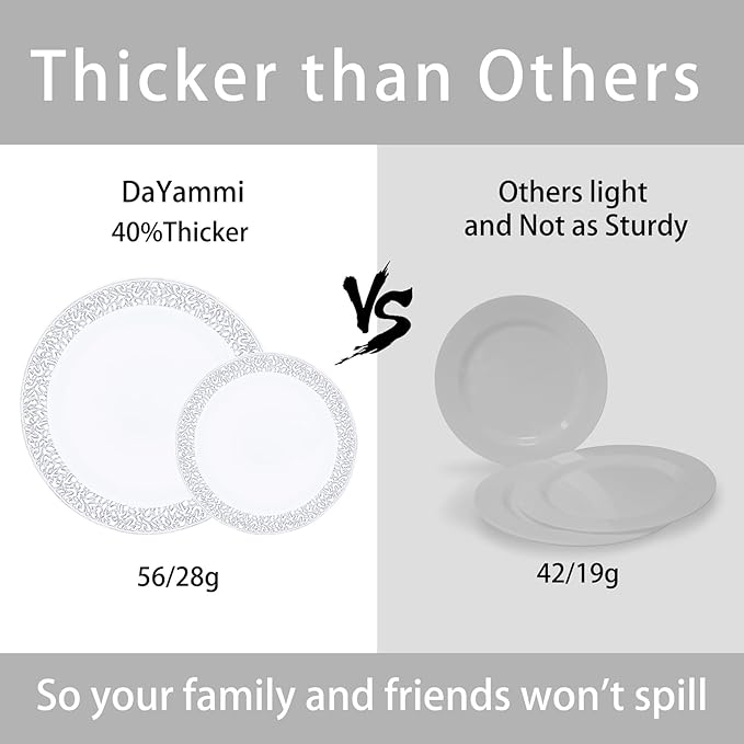 DaYammi 210PCS Silver Plastic Dinnerware Set, Silver Disposable Plates, Includes:30 Dinner Plates,30 Salad Plates,30 Cups 9 OZ and 30 Pre Rolled Napkins with Cutlery Heavy Duty for Party