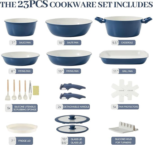 23Pcs Ceramic Cookware Set Non Stick Pots and Pans Set Non Toxic with Detachable Handle Induction Kitchen Cookware Set Space Saving, Oven & Dishwasher Safe, Navy