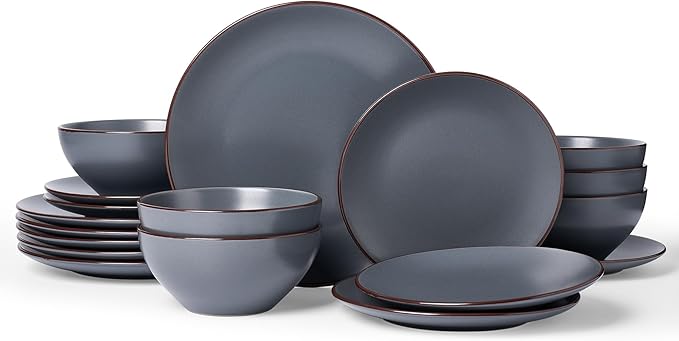 Famiware Venus Plates and Bowls Sets, 18 Pieces Stoneware Speckled Dishes Dinnerware Set for 6, Matte Charcoal - Microwave & Dishwasher Safe, Modern Minimalist, for Everyday Meals & Formal Dining