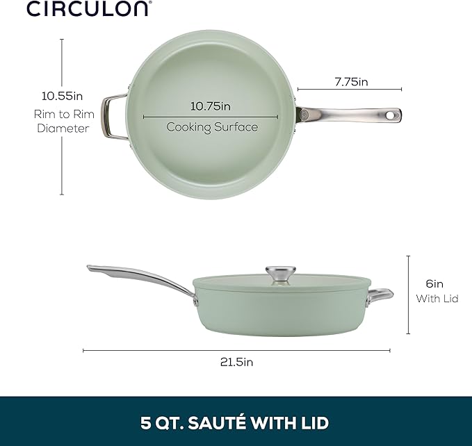 Circulon Halo with LaserDefense Ceramic Nonstick Saute Pan with Helper Handle and Lid, Made without PFAS, Compatible with All Stovetops, Dishwasher and Oven Safe, 5 Quart Multipurpose Pan - Sage
